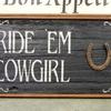 Cowboy/Cowgirl Signs and Decor, Farm and Ranch Signs, Barn Signs, Handmade Wood Signs, Framed Wall Signs, Indoor and Outdoor Signs, Ride 'Em Cowgirl, Horseshoe, Rustic Wooden Signs, Handcrafted by Crow Bar D'signs, 14.5" x 26", $45.00