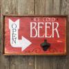 Ice Cold Beer Sign, Open Sign, Directional Signs, Beer Bottle Opener, Bar Signs and Wall Decor, Pub Decor, Rustic  Wood Signs, Handmade Signs, Arrow, Cast Iron Bottle Opener, Made by Crow Bar D'signs, USA